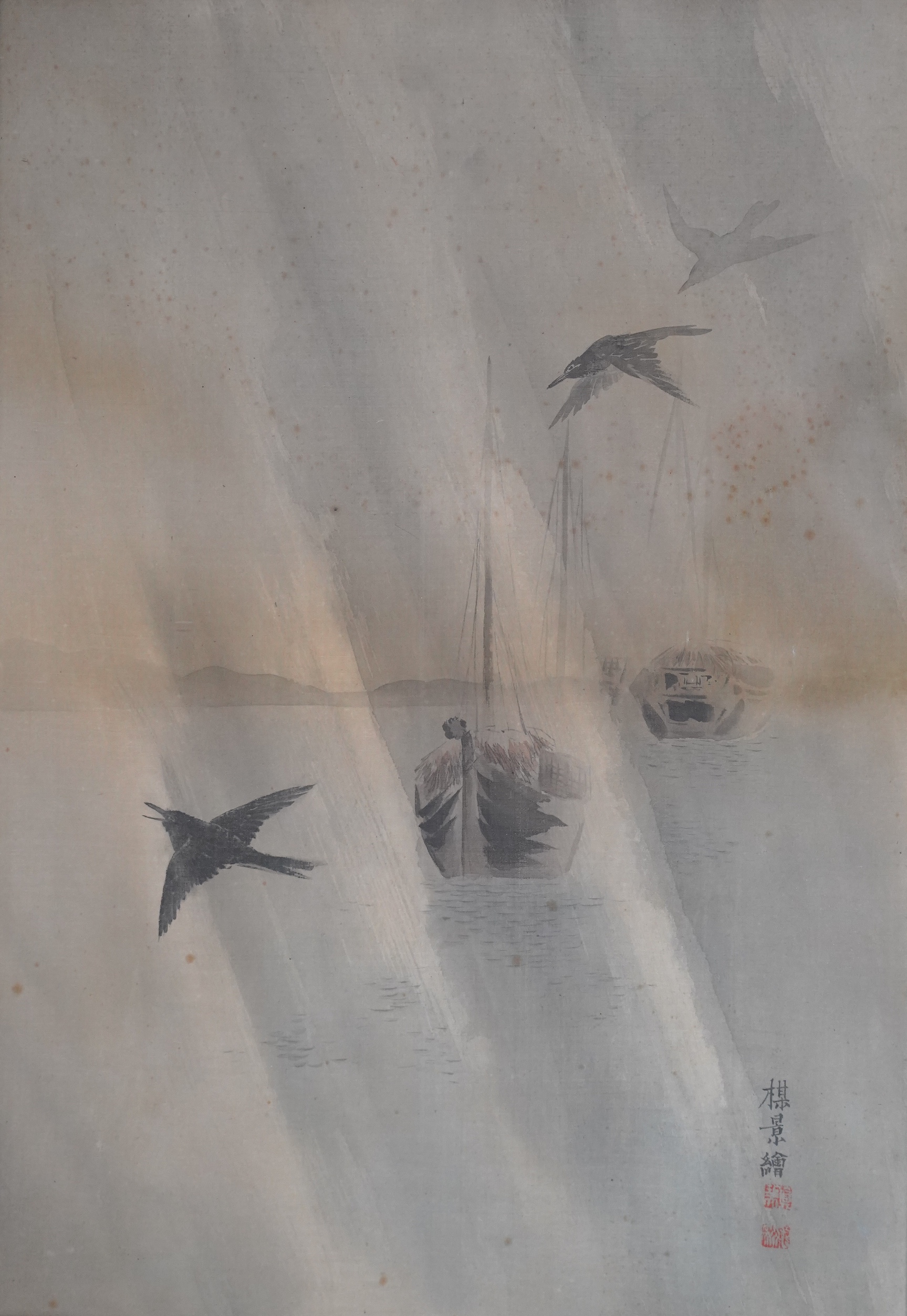 Chinese School, watercolour on silk, Birds flying above boats, 48 x 33cm